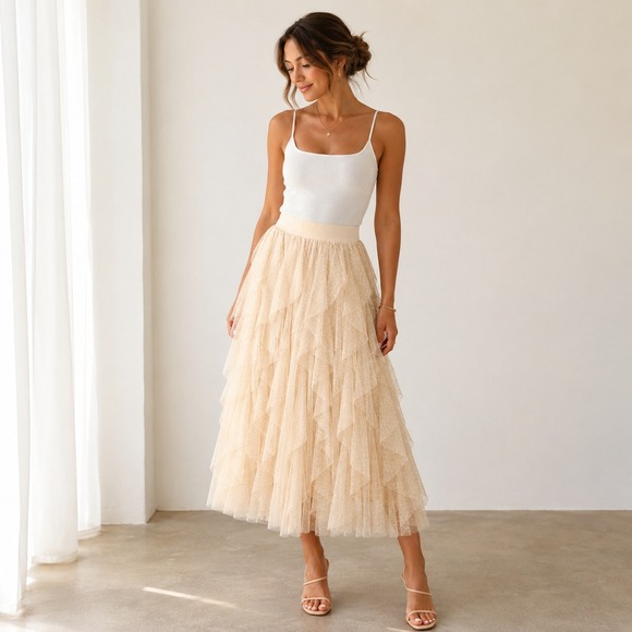 Sincerely Jules Dresses & Skirts - Sincerely Jules Ruffle Tulle Midi Skirt Size S Swiss Dot Coquette Fairy Tiered